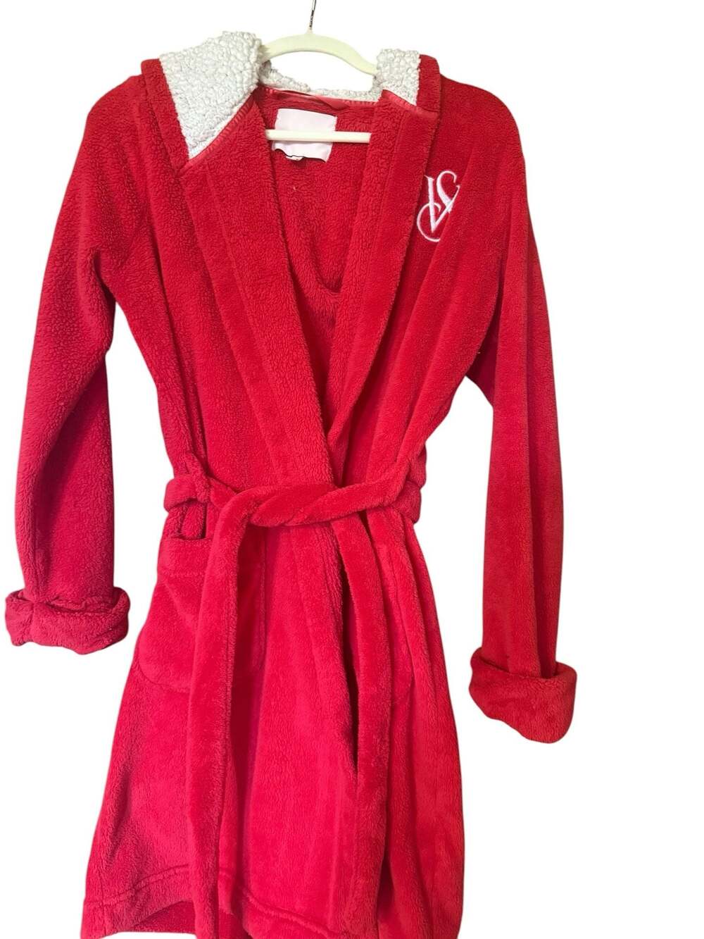 Victoria's Secret VS Logo Plush Sherpa Lined Hooded Robe in Red